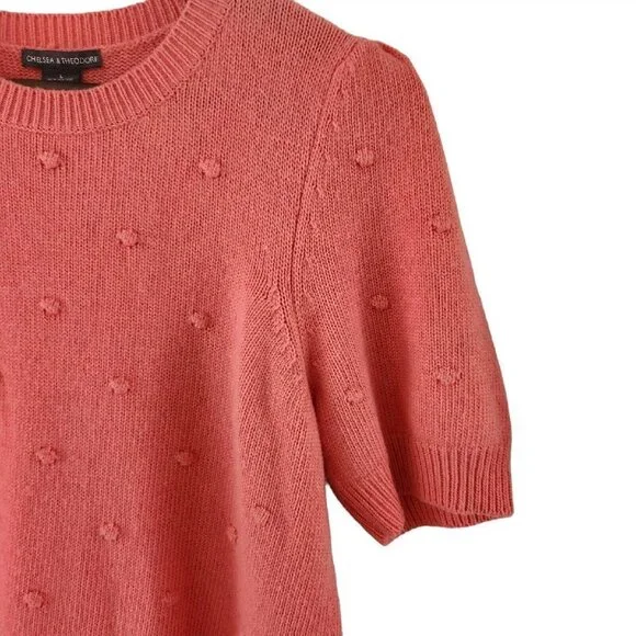 Chelsea & Theodore Womens Size L Coral Peach Pommed Sweater Puffed Sleeve New - Picture 4 of 6